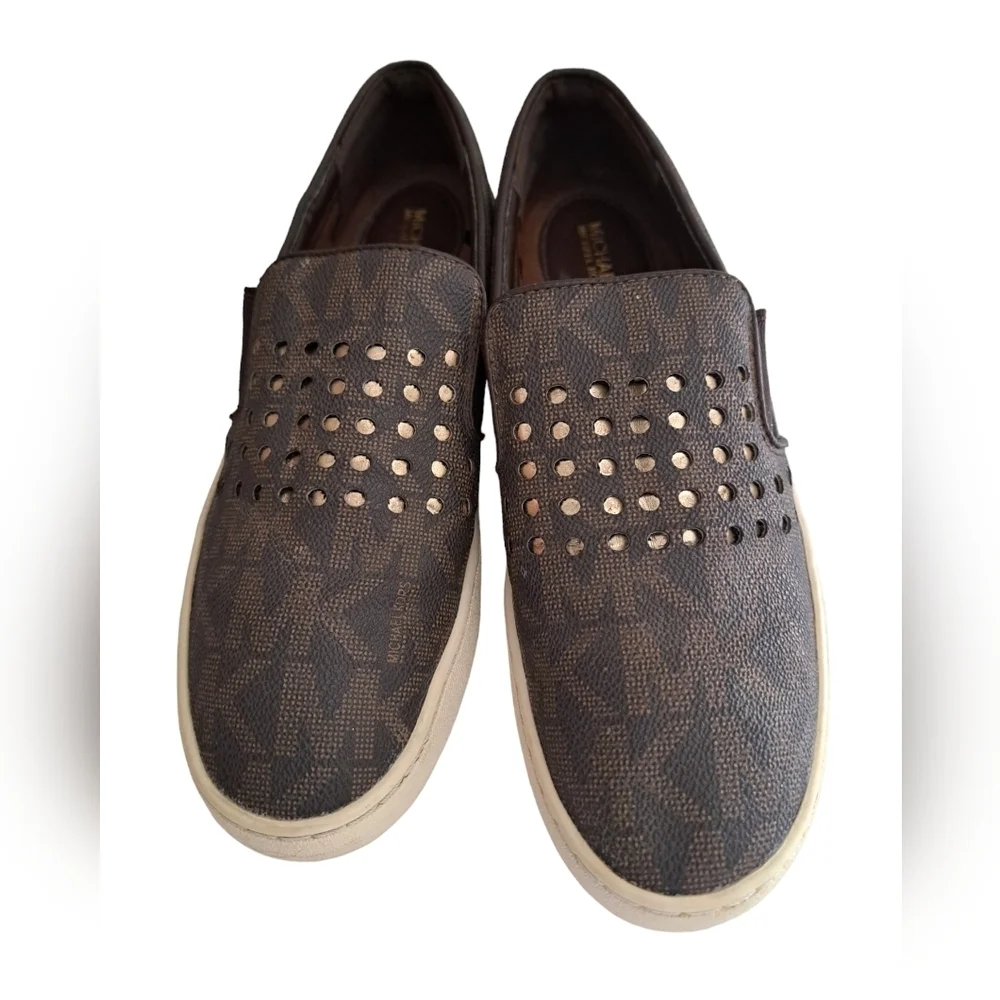 MK Michael KORS Keaton loafer shoes flats slip on laser cut out brown gold 6.5 - Picture 2 of 10